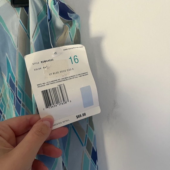 NWT Liz Claiborne Blue Green Teal Diamond Pattern Lined Skirt Size 16 - Picture 2 of 3